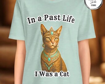 May include: Light blue t-shirt featuring a regal cat illustration with a crown and turquoise jewelry. The text "In a Past Life I Was a Cat" is printed above and below the cat image. The shirt has short sleeves.