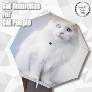 Turkish Angora Cat Umbrella - Minimalist White Cat Design - Elegant Waterproof Travel Umbrella with Sleeve - HMD Studios