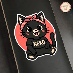 Cute NEKO Black Cat Vinyl Sticker - Kawaii Cat with Bandana - Anime Style Cat Decal - Water Resistant - Cat Lover Gift - Cat Mom Dad Gift