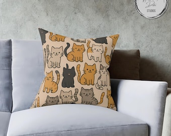 Cartoon Cat Pillow, Kawaii Kitty Cushion, Cat Lover Home Decor