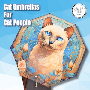 Siamese Cat Umbrella | Blue Eyes Cat Lover Gift | Art Nouveau Folding Umbrella | Elegant Waterproof Umbrella with Floral Cat Art