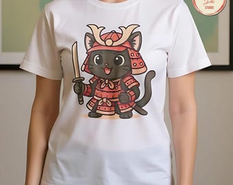 Samurai Cat T-Shirt: Kawaii Japanese Warrior Graphic Tee