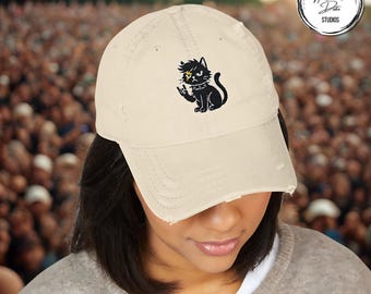 Rockstar Cat Embroidered Hat: Distressed Cotton Twill Baseball Cap