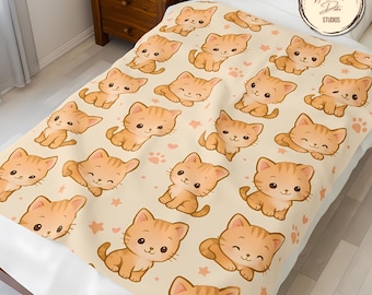 Velveteen Kitten Plush Blanket – Kawaii Orange Cat Lover Throw