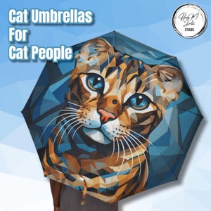 Bengal Cat Umbrella | Cubist Cat Lover Gift | Geometric Cat Art Folding Umbrella | Waterproof Cat Rain Gear | Exotic Cat Accessory