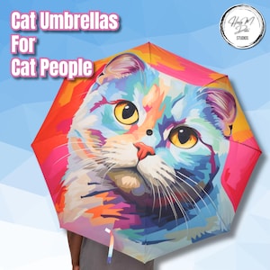 British Shorthair Cat Umbrella | Pop Art Cat Gift | Bright Folding Umbrella for Cat Lovers | Bold Waterproof Rain Accessory