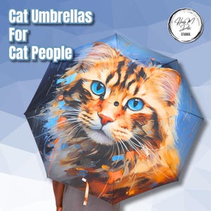 Siberian Cat Umbrella | Blue-Eyed Cat Lover Gift | Expressionist Art Folding Umbrella | Fluffy Cat Rain Gear | Waterproof Umbrella