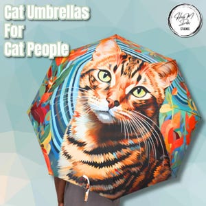Bengal Cat Umbrella - Pointillism Exotic Jungle Design - Colorful Travel Rain Umbrella Gift for Cat Lovers - HMD Studios