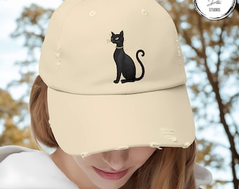 Black Cat Embroidered Distressed Cap: Vintage Style Cotton Twill Hat