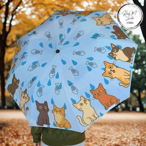 Cat Umbrella: Raining Fishbone Print - Waterproof Semi-Auto Folding