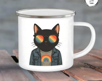 Rainbow Pride Cat Enamel Mug – LGBTQ+ Gift for Cat Lovers