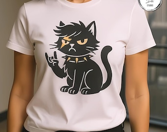 May include: White t-shirt featuring a black cartoon cat with a spiky collar and a rock-and-roll hand gesture. The cat has a mohawk and a grumpy expression. The shirt is a casual wear item.