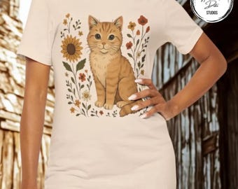 Boho Cat T-Shirt: Vintage Floral Design, Soft Cotton Unisex Tee