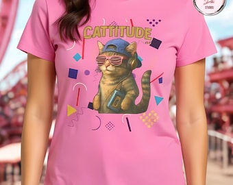 90s Retro Cat T-Shirt: Cattitude with Sunglasses - Funny Cat Lover Gift