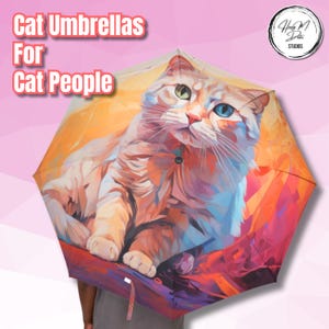 Turkish Van Cat Umbrella | Heterochromia Cat Lover Gift | Abstract Impressionist Folding Umbrella | Vibrant Cat Rain Accessory