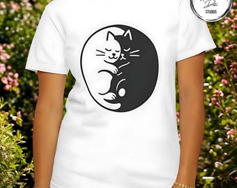 Zen Cat Yin Yang Shirt: Minimalist Design - Ethically Sourced Cotton