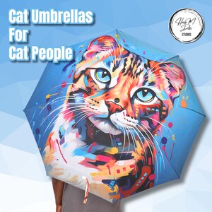 Colorful Tabby Cat Umbrella | Pop Art Cat Lover Gift | American Shorthair Folding Umbrella | Bright Abstract Cat Rain Gear