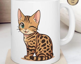 Anime Bengal Cat Coffee Mug – Kawaii Winking Kitty Lover Gift