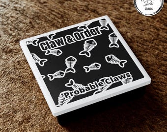 Funny Cat Coaster: Claw & Order Ceramic Coaster with Cork Back