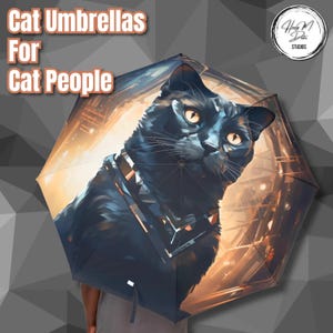Bombay Cat Umbrella - Digital Art Cat Lover Gift | Waterproof Folding Umbrella with Stylish Black Cat Design | Cat Accessories for Rain