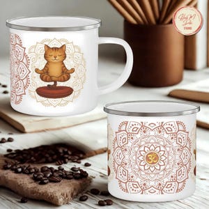 Tazza da campeggio smaltata Zen Cat: tazza da caffè con gatto che medita e pratica lo yoga