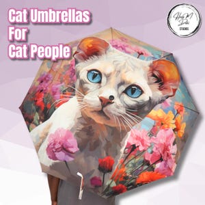Devon Rex Cat Umbrella | Impressionist Cat Lover Gift | Floral Folding Umbrella | Waterproof Rain Accessory for Cat Moms & Art Fans