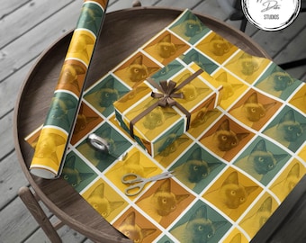 Boho Siamese Cat Wrapping Paper: Retro Grid Gift Wrap