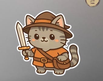 Naklejka winylowa z kotem poszukiwaczem przygód: Naklejka RPG DnD Gamer