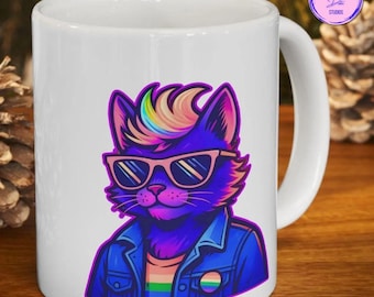 Neon Pride Cat Mug: Rainbow LGBTQ Coffee Cup for Cat Lovers