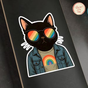 Rainbow Pride Cat Vinyl Sticker: LGBTQ+ Black Cat Decal for Laptop