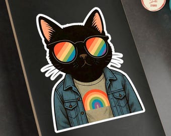 レインボープライドキャットビニールステッカー：ノートパソコン用LGBTQ+ブラックキャットデカール
