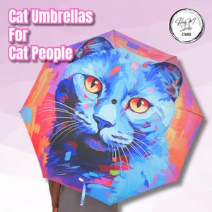 Russian Blue Cat Umbrella | Neon Pop Art Cat Gift | Folding Waterproof Umbrella for Cat Lovers | Bright Artistic Cat Rain Gear