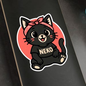 Cute NEKO Black Cat Vinyl Sticker - Kawaii Cat with Bandana - Anime Style Cat Decal - Water Resistant - Cat Lover Gift - Cat Mom Dad Gift