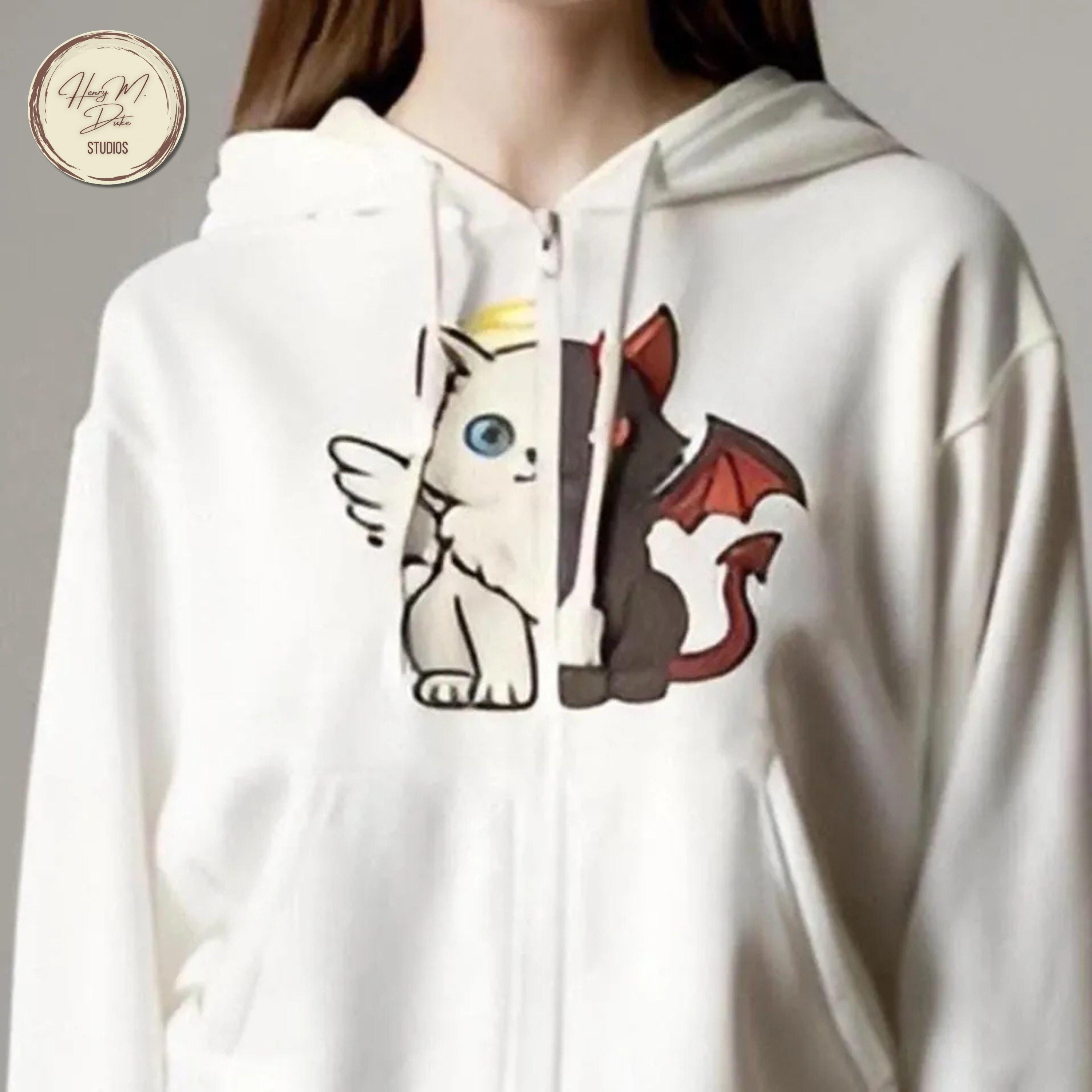 Half-angel Half-devil Cat Hoodie: Kawaii Cartoon Zip-up - Etsy