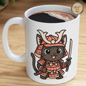 Samurai Cat Ceramic Mug - Personalized Anime Cat Warrior Coffee Cup - Custom Name Gift for Cat Lovers, Otakus, and Tea or Cocoa Fans