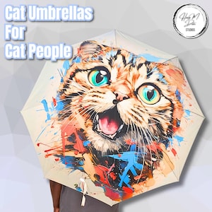 Excited British Shorthair Cat Umbrella - Expressionist Art | Bright Folding Umbrella for Cat Lovers | Playful Rain Gear Gift