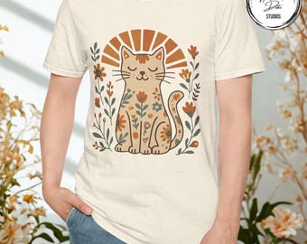Boho Cat T-Shirt: Retro Sunburst Kitty, Soft Cotton Unisex Tee
