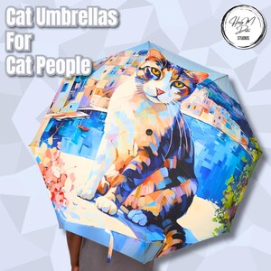 Aegean Cat Umbrella - Abstract Expressionist Art for Cat Lovers | Waterproof Folding Umbrella | Colorful Cat Gift for Rainy Days