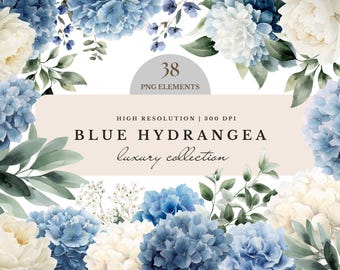 Watercolor Flower Blue Green White hydrangea Clipart| Bouquet Isolated Elements | Floral Spring Bundle | Wedding Invitation Floral PNG