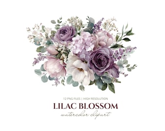 Imágenes prediseñadas de flores de lila en acuarela, flores de lavanda malva PNG, invitación de boda botánica, flores para baby shower, elementos aislados de ramo