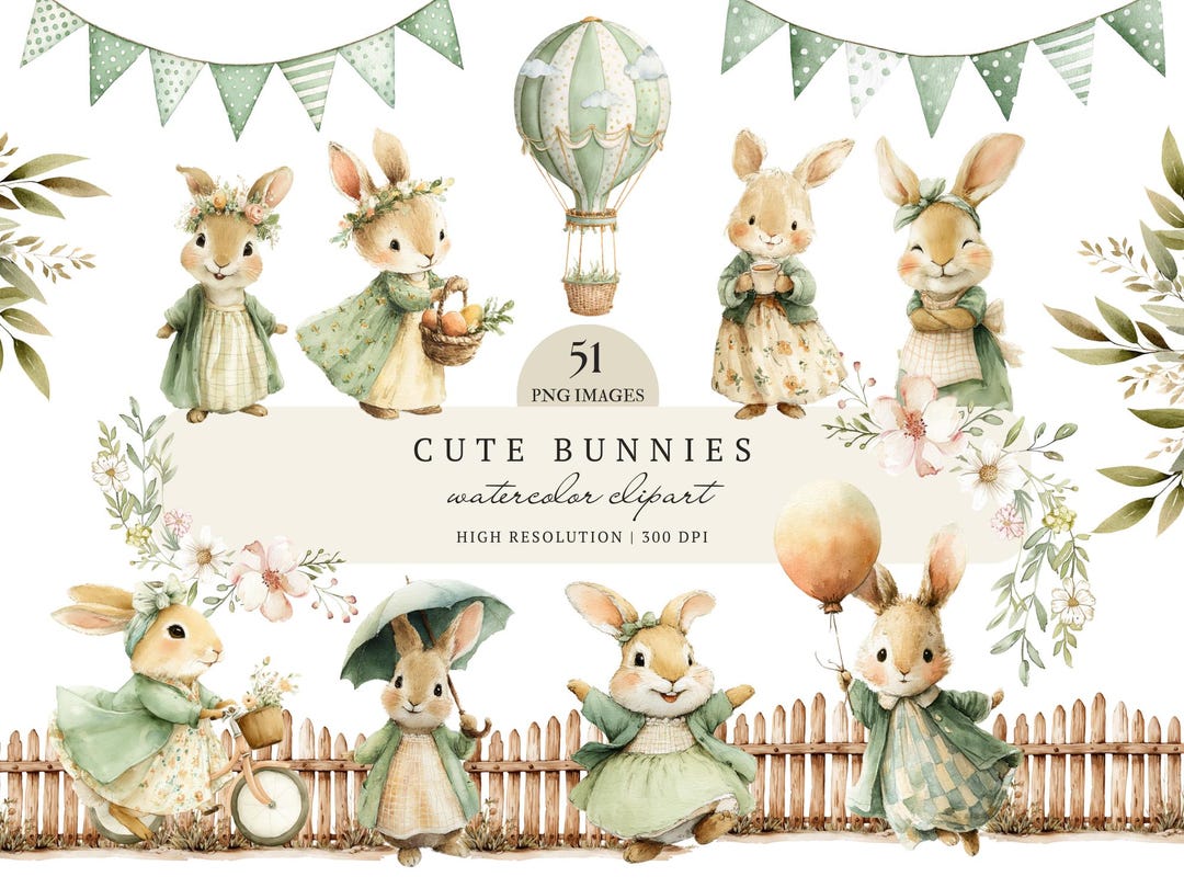 Cute Bunny Clipart Bundle, Watercolor Bunny PNG, Spring Rabbits, Easter ...
