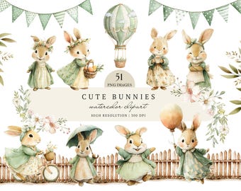 Watercolor Bunny Clipart, Sage Green Spring Rabbits, Easter Bunny PNG, Storybook Animals, Digital Download