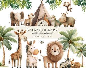Safari Animals Clipart, Cute Watercolor Animal, Jungle Animal PNG, Birthday Safari, Nursery Art, Digital Download