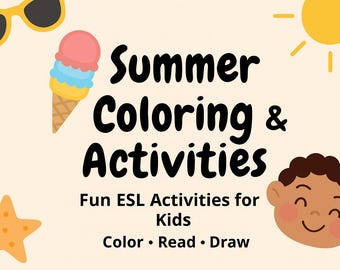Summer Coloring Pages for ESL Kids | Vocabulary Activities, Creative Prompts & Worksheets | Printable PDF Book