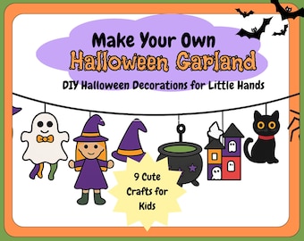 May include: A colorful Halloween-themed garland with various cartoon decorations, including a ghost, witch, cauldron, haunted house, and black cat. The text reads "Make Your Own Halloween Garland" and "9 Cute Crafts for Kids."