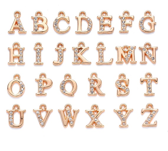 26pcs BULK Shiny Rhinestone Letter Charms, Glitter Gold Metal