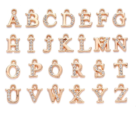 26pcs BULK Shiny Rhinestone Letter Charms, Glitter Gold Metal