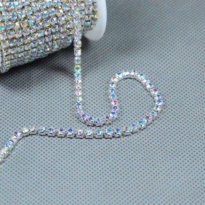 4mm Width High Quality Iridescent Rhinestone chain, Silver copper claw chain with Iridescent crystal, Dense Rhinestone chain Bling supply