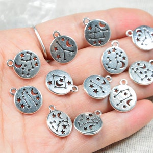 12 pcs antique silver Zodiac charms, Metal Zodiac sign discs, astrology Zodiac pendant for birthday jewelry 13mm