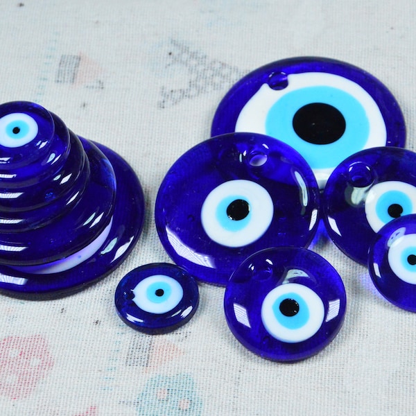 Flat Round Blue Glass Evil Eye charms, Turkish Evil eye Greek Mati Eye Nazar Amulet Protection, 100% Handmade Evil eye hanging home decor